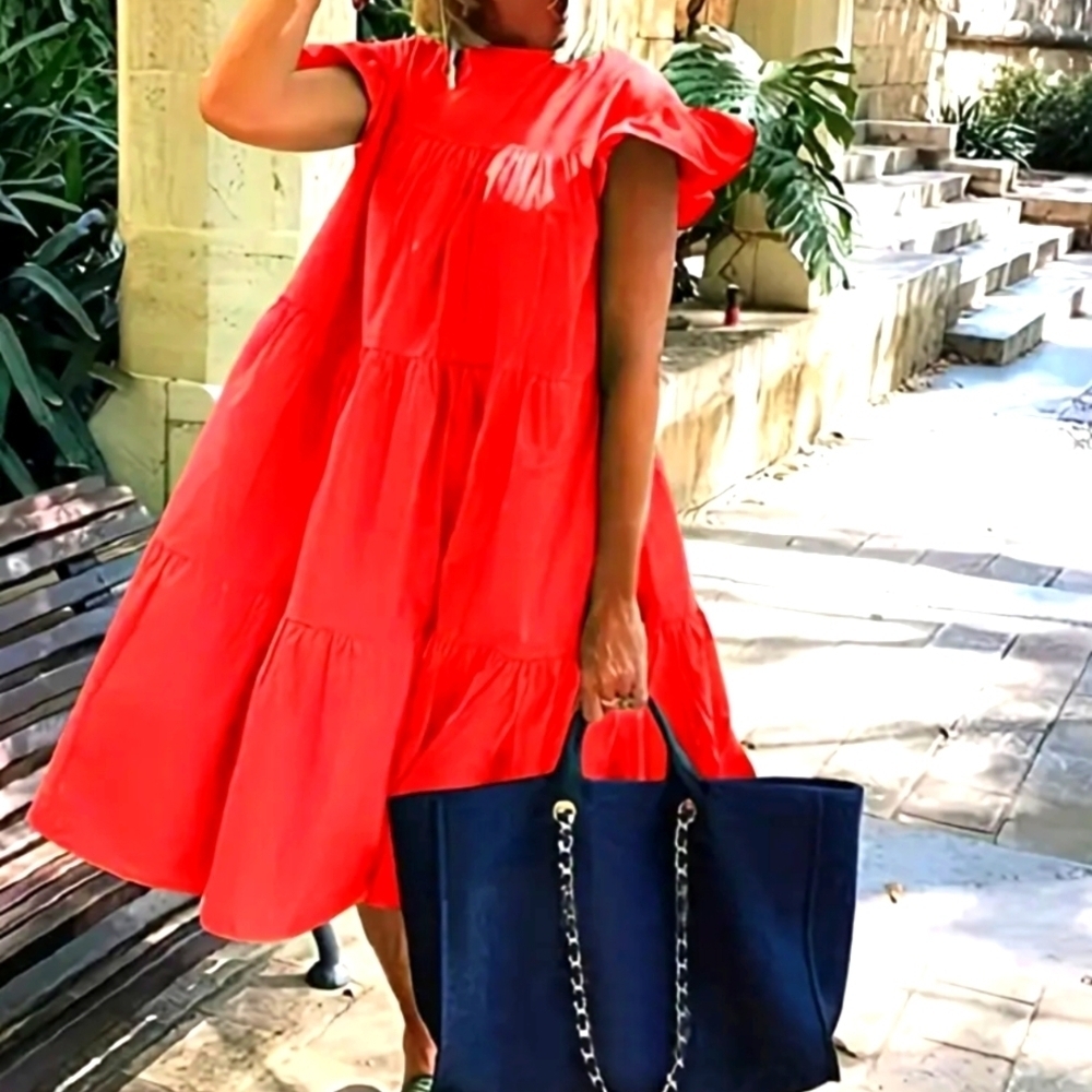 Ruffle Trim Red Trendy Flowy Solid Dress Size XL NWOT